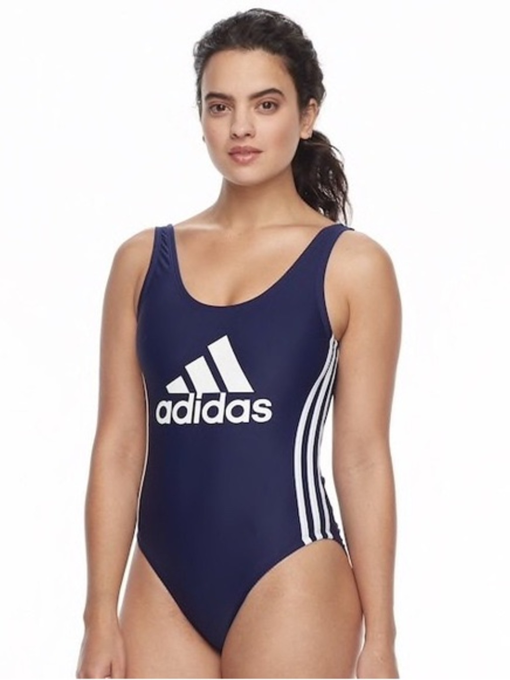 adidas Navy Blue One-Piece Swimsuit with White Logo and Deep Scoopback